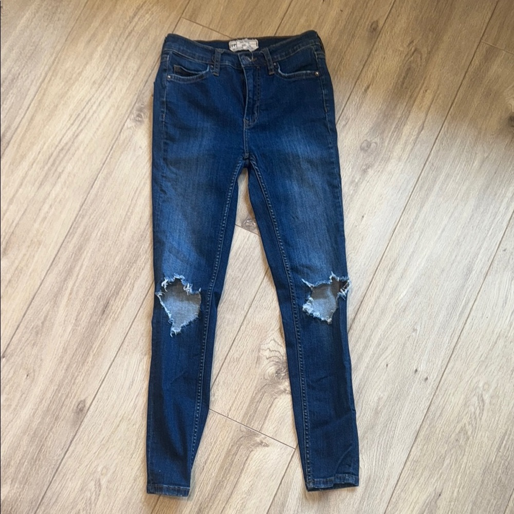 FREE PEOPLE Dark Wash Mid Rise Stretchy Distressed Skinny Leg Denim Blue Jeans